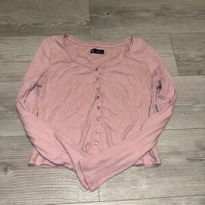 GAP Light Pink Cropped Button Up Women's Long Sleeve Blouse, Size S